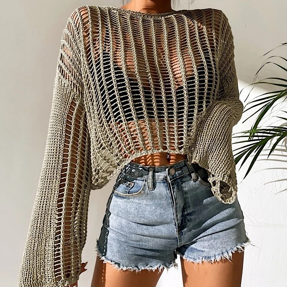 Knit Bell Sleeve Sheer Sweater Without Bra